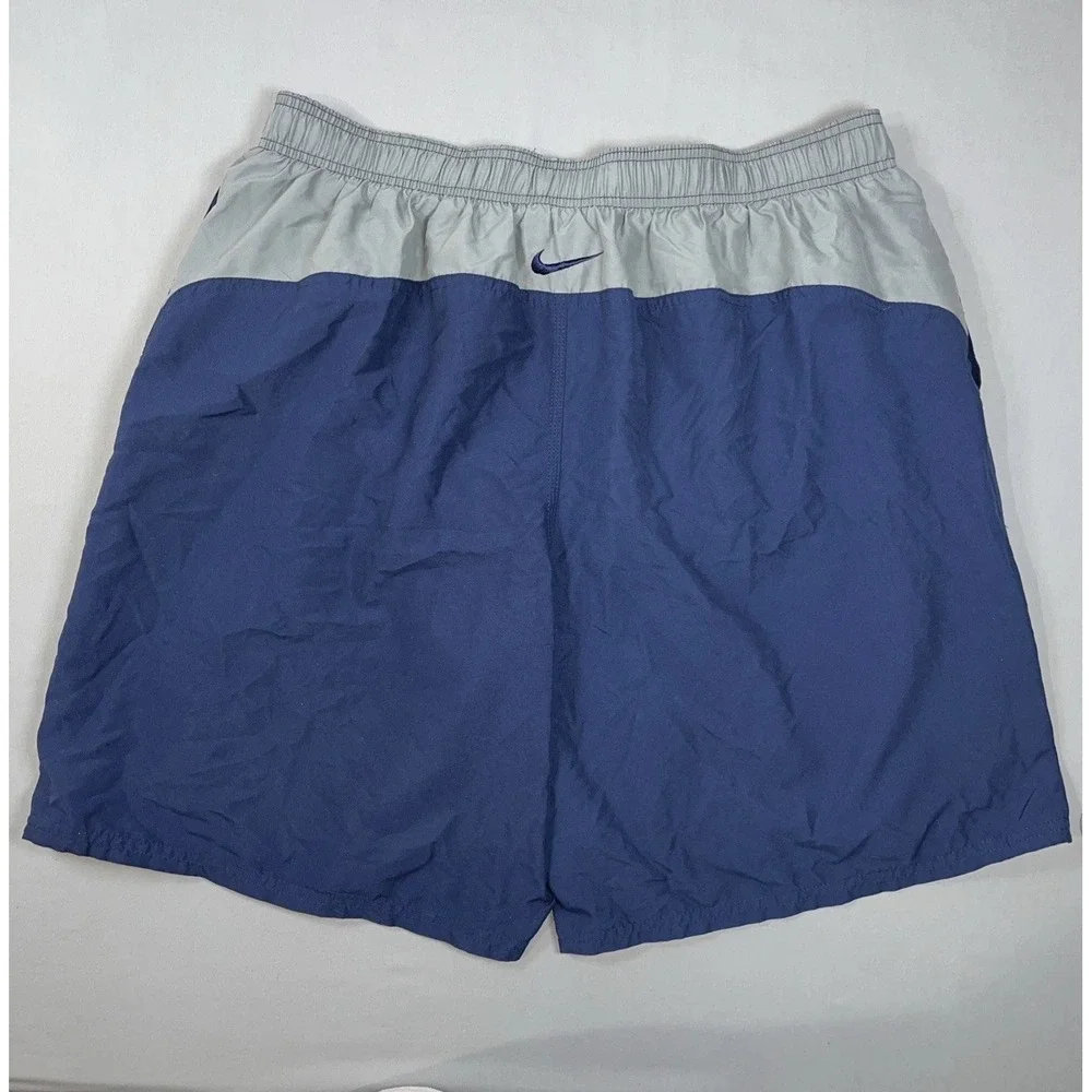 Vintage‎ Nike Swim Shorts Mens 2XL Blue Gray Spell Out Logo Athletic Trunks Y2K
